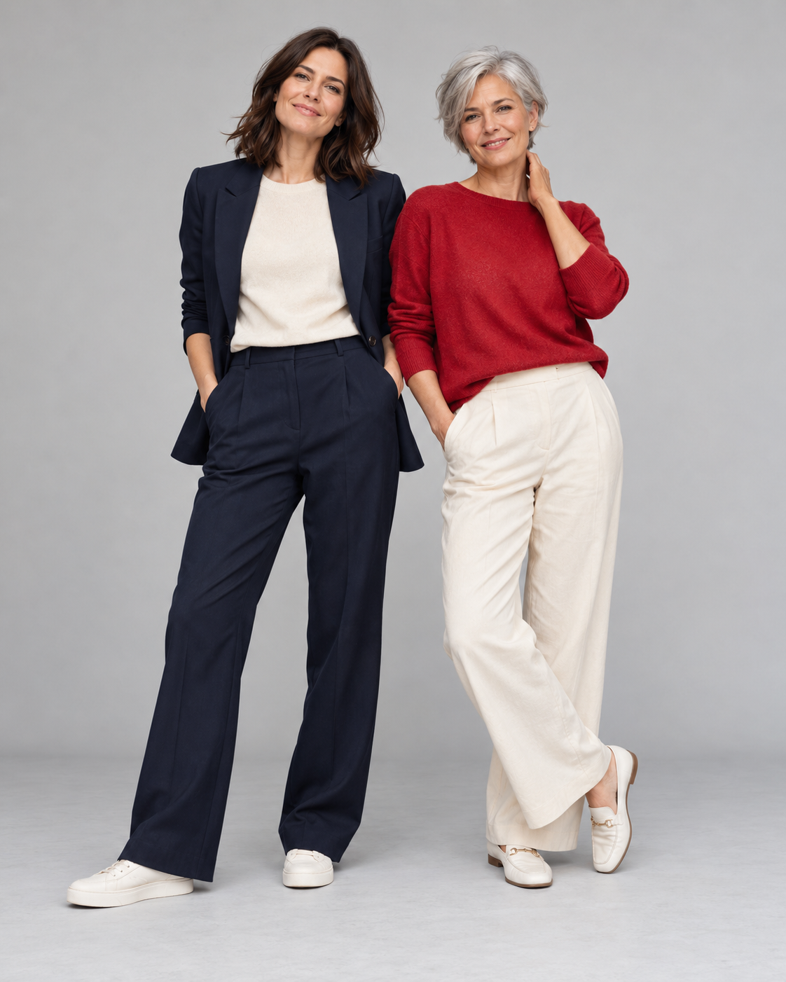 Modeinspiration: zwei Frauen in zeitgemäßen, legeren Outfits